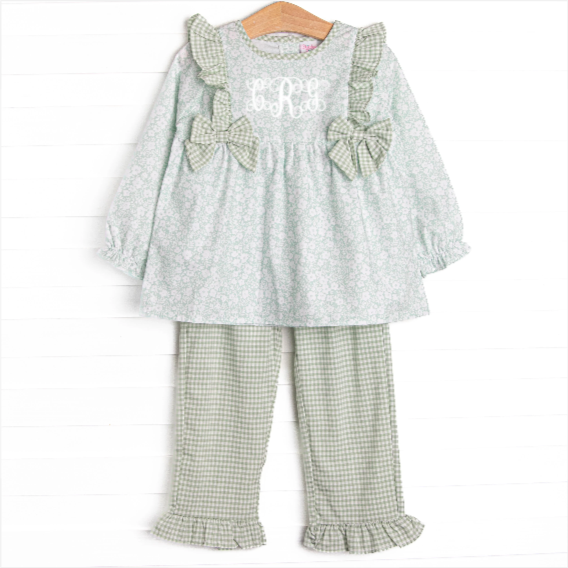 Garden Gate Gingham Side Tie Ruffle Legging Set, Green