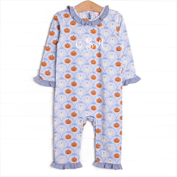 Ghouls and Gourds Ruffle Romper, Blue