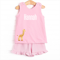 Giraffe Giant Applique Cross Back Ruffle Short Set, Pink