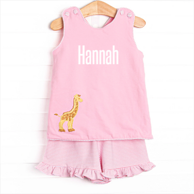 Giraffe Giant Applique Cross Back Ruffle Short Set, Pink