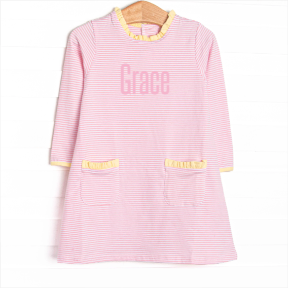 Grace Long Sleeve Pocket Dress, Yellow and Light Pink Stripe