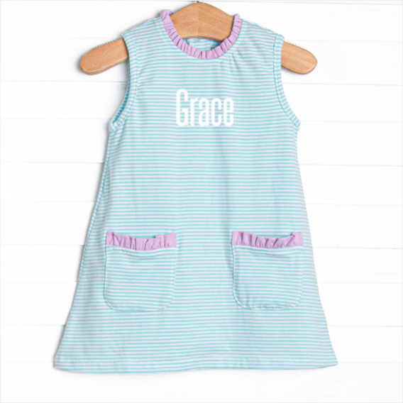 Grace Pocket Dress, Purple and Aqua Stripe