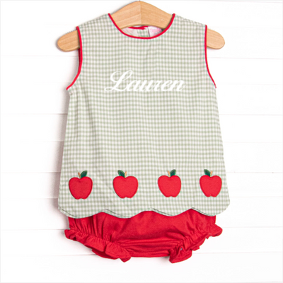 Grade School Gingham Applique Diaper Set, Green