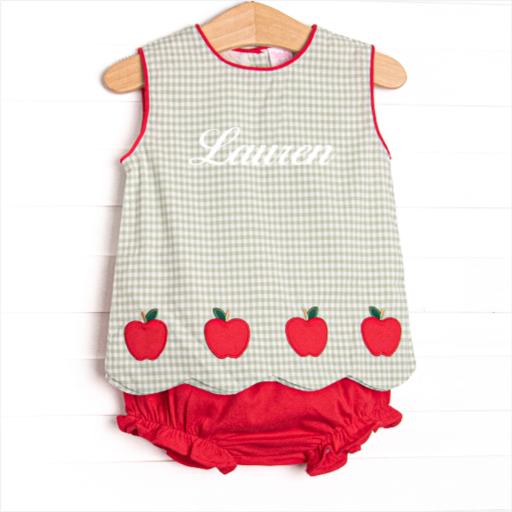 Grade School Gingham Applique Diaper Set, Green