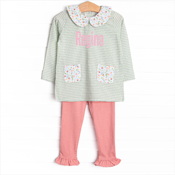 Green Goddess Gingham Ruffle Legging Set, Green
