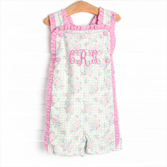 Growing Gingham Short Romper, Green