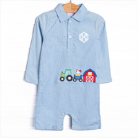 Hard Days Work Applique Short Romper, Blue
