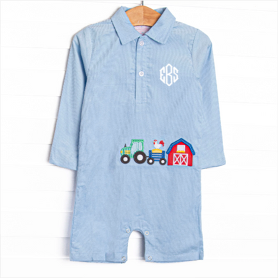 Hard Days Work Applique Short Romper, Blue