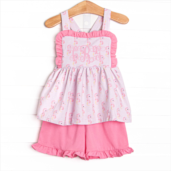 Hold Your Seahorses Ruffle Short Set, Pink