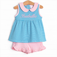 Isabella Ruffle Short Set, Light Pink and Blue Stripe