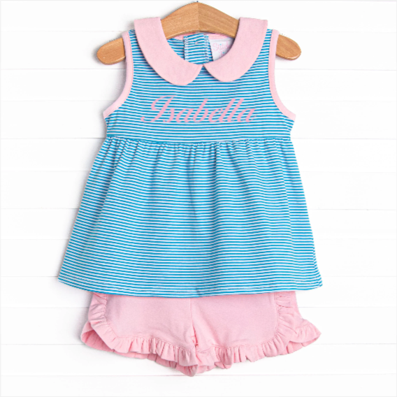Isabella Ruffle Short Set, Light Pink and Blue Stripe