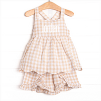 Jordan Check Ruffle Short Set, Tan Seersucker