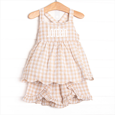 Jordan Check Ruffle Short Set, Tan Seersucker