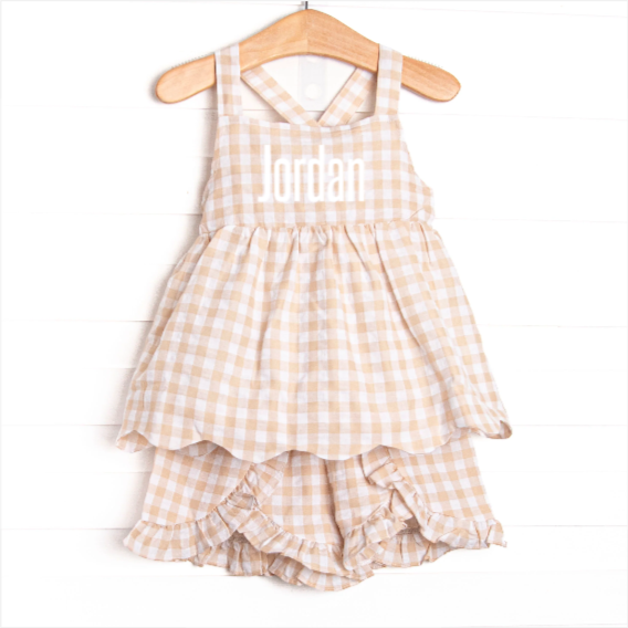 Jordan Check Ruffle Short Set, Tan Seersucker