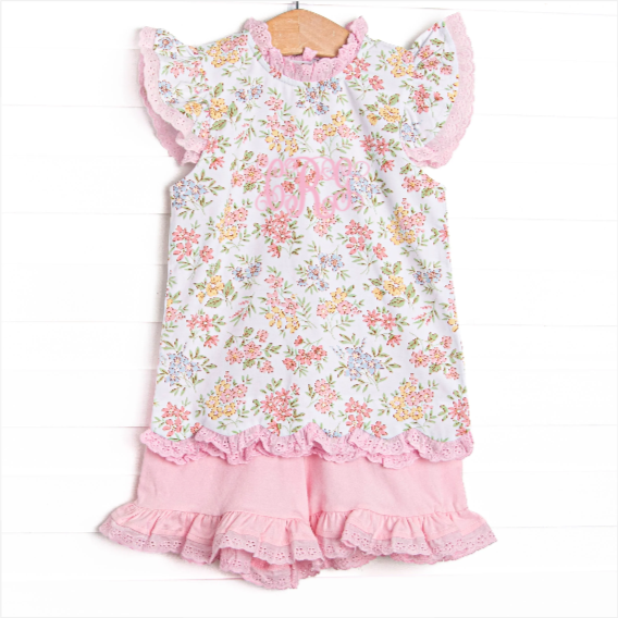 Lace and Lillies Ruffle Short Set, Pink