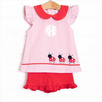 Ladybug Line Applique Ruffle Short Set, Pink Stripe