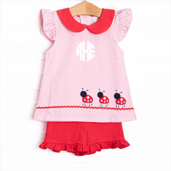 Ladybug Line Applique Ruffle Short Set, Pink Stripe