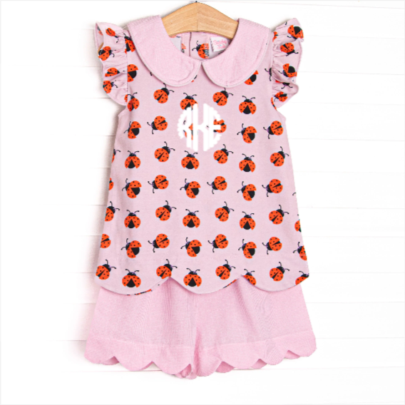 Ladybug Line Scalloped Short Set, Pink