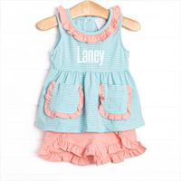 Laney Sleeveless Short Set, Peach and Mint Stripe