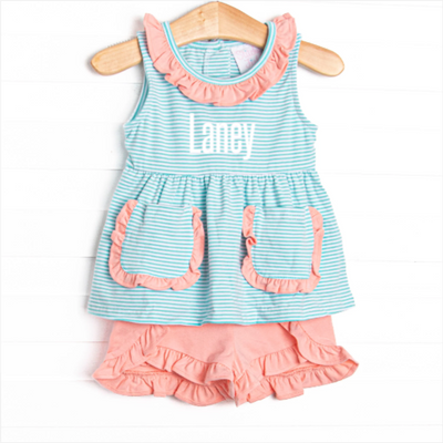 Laney Sleeveless Short Set, Peach and Mint Stripe