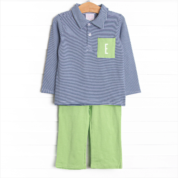 Levi Pant Set, Green and Navy Stripe