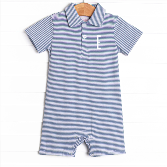 Levi Short Romper, Slate Blue Stripe