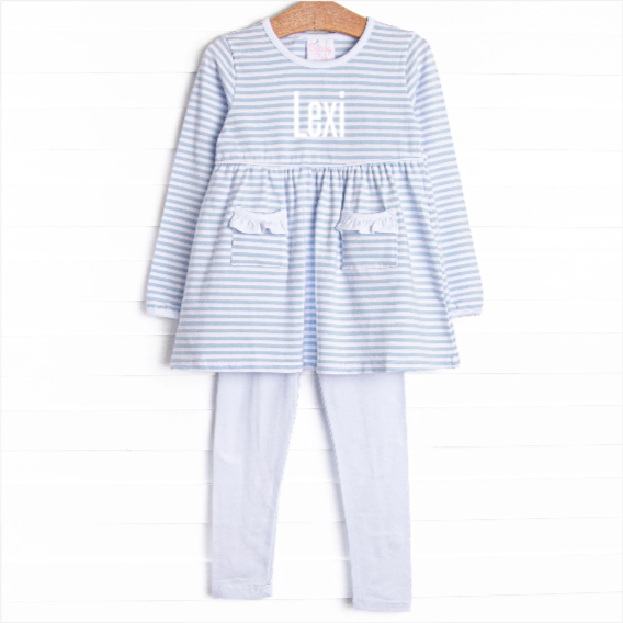 Lexi Legging Set, White and Light Blue Stripe