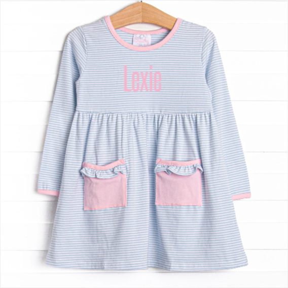Lexie Pocket Dress, Pink and Blue Stripe Stitchy Fish Lexie Pocket Dress, Pink and Blue Stripe Stitchy Fish
