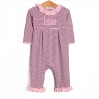 Lexie Ruffle Romper, Light Pink and Berry Purple Stripe