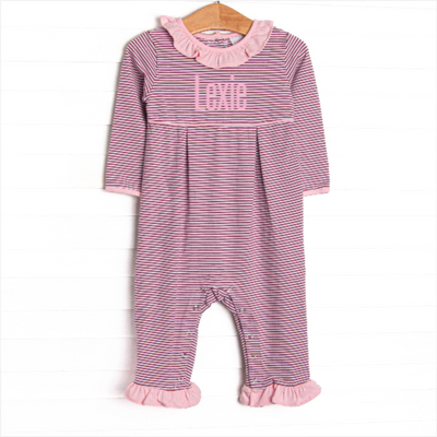 Lexie Ruffle Romper, Light Pink and Berry Purple Stripe