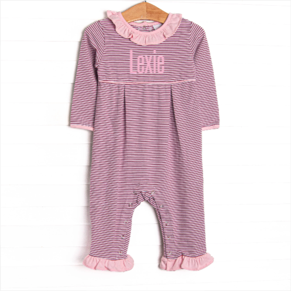 Lexie Ruffle Romper, Light Pink and Berry Purple Stripe
