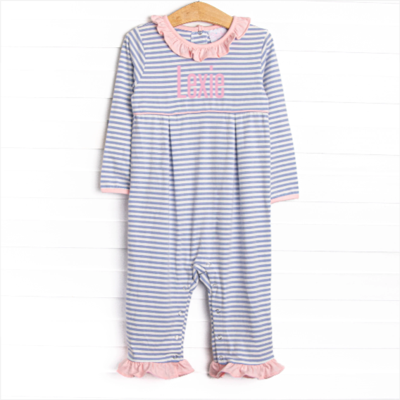 Lexie Ruffle Romper, Light Pink and Periwinkle Stripe