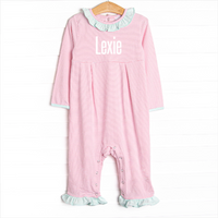 Lexie Ruffle Romper, Mint and Light Pink Stripe