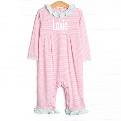 Lexie Ruffle Romper, Mint and Light Pink Stripe