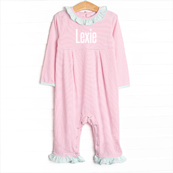 Lexie Ruffle Romper, Mint and Light Pink Stripe
