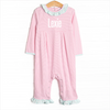 Lexie Ruffle Romper, Mint and Light Pink Stripe
