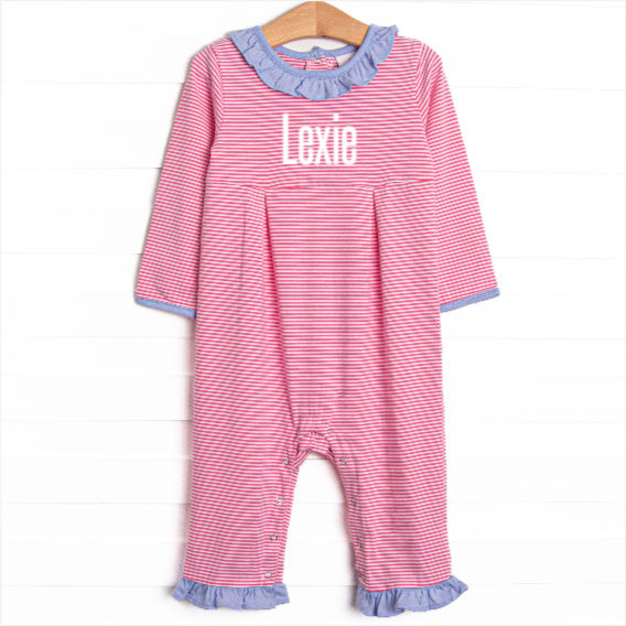 Lexie Ruffle Romper, Periwinkle and Medium Pink Stripe