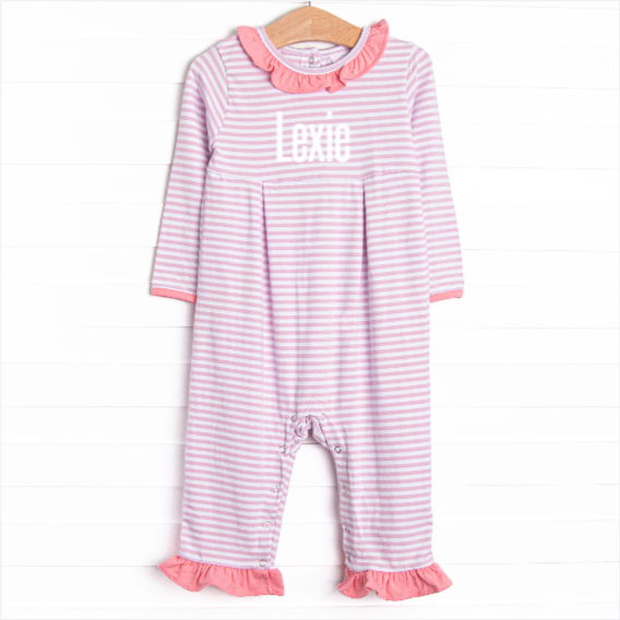 Lexie Ruffle Romper, Pink and Light Purple Stripe