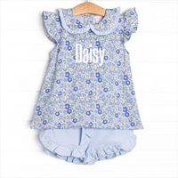Little Miss Daisy Collared Ruffle Short Set, Blue