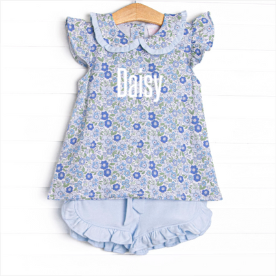 Little Miss Daisy Collared Ruffle Short Set, Blue