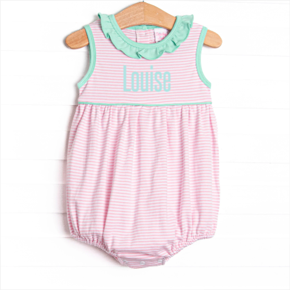 Louise Pima Ruffle Bubble, Mint and Light Pink Stripe