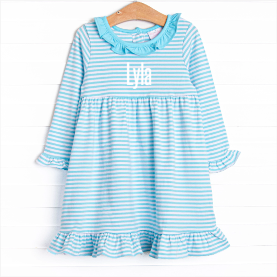 Lyla Ruffle Dress, Aqua Stripe