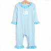 Lyla Ruffle Romper, Aqua Stripe