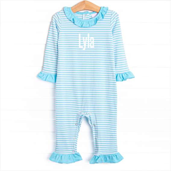 Lyla Ruffle Romper, Aqua Stripe