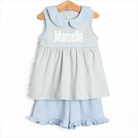 Marcella Pima Ruffle Short Set, Blue and Sage Stripe
