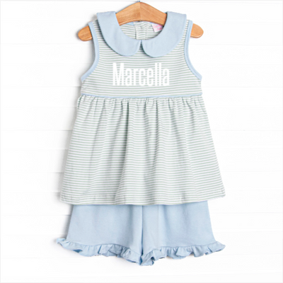 Marcella Pima Ruffle Short Set, Blue and Sage Stripe