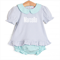Marcella Puff Sleeve Pima Diaper Set, Mint and Light Blue Stripe