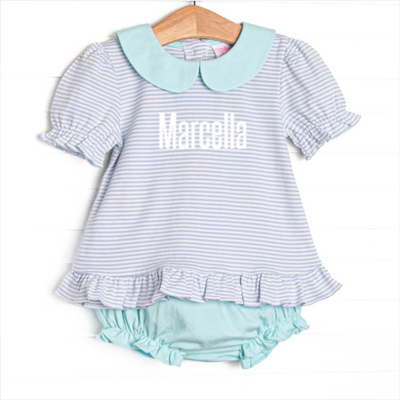 Marcella Puff Sleeve Pima Diaper Set, Mint and Light Blue Stripe