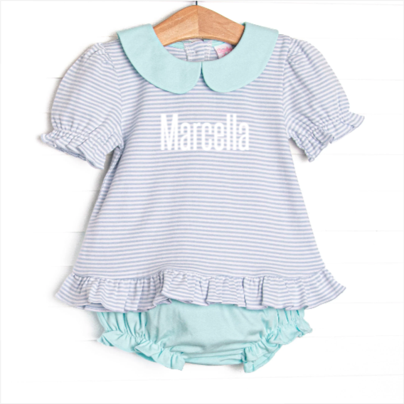 Marcella Puff Sleeve Pima Diaper Set, Mint and Light Blue Stripe