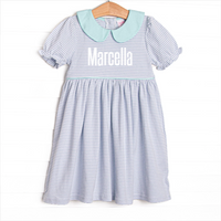 Marcella Puff Sleeve Pima Dress, Mint and Light Blue Stripe